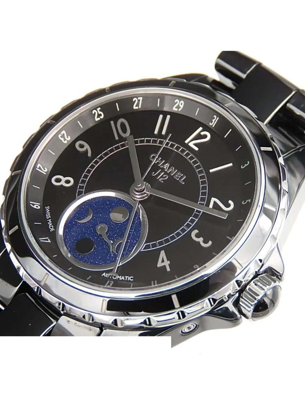 Chanel Furs de Lune Black Ceramic SS Moon Phase Watch Automatic